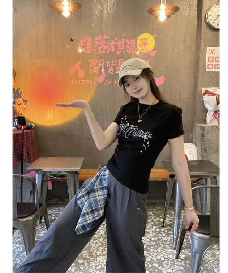 40 95 면 5 암모니아 Lun 한 부서 프린트 몸매 가꾸기 자주 규칙 성 어깨 티셔츠 여성