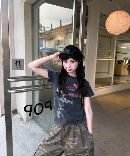 200그램 95 면 5 암모니아 Lun 워싱 마 오래된 아메리칸 레트로 긍정적 인 어깨 반팔 티셔츠 여성 여름 ins 조수 브랜드