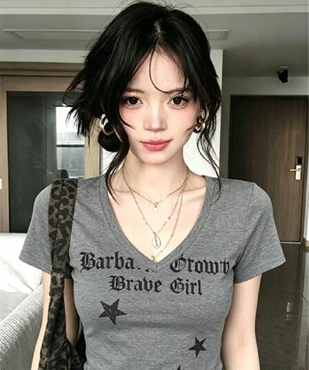 아메리칸 레트로 프린트 반팔 티셔츠 여성 여름 몸매 가꾸기 캐주얼 맨위