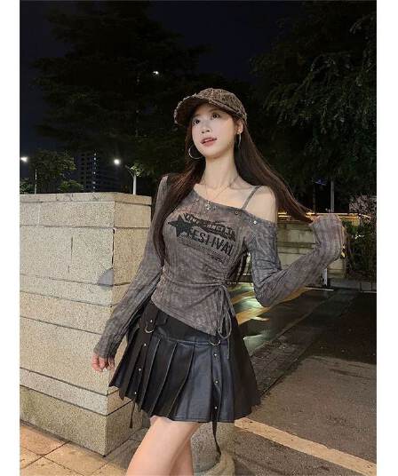 펌프 로프 프린트 오프숄더 긴팔 티셔츠 여성 가을 핫걸 몸매 가꾸기 슬림해 보이는 맨위