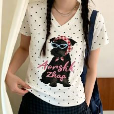 夏季新款韩系V领波点时尚正肩印花款短袖T恤女