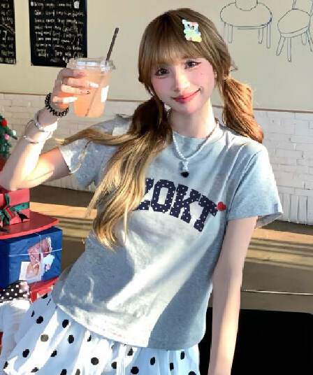 아메리칸 레트로 프린트 몸매 가꾸기 허리 수축 반팔 티셔츠 여성