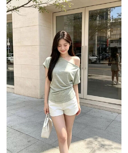 원본 컬러 짜임 기사 한 부서 프린트 스트라이프 비스듬한 오프숄더 해군 프린트 반팔 티셔츠 여름
