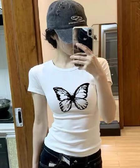 아메리칸 레트로 몸매 가꾸기 허리 수축 반팔 티셔츠 여성