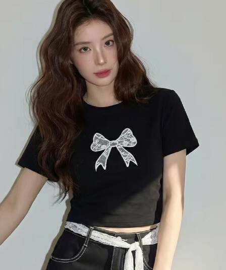 아메리칸 레트로 순면 프린트 몸매 가꾸기 허리 수축 반팔 티셔츠 여성