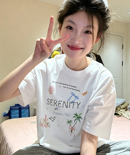 아메리칸 레트로 순면 빗질하다 닫기 프린트 반팔 티셔츠 여성