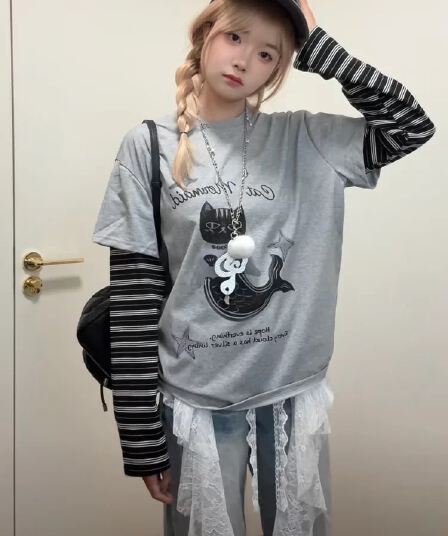 40 순면 빗질하다 닫기 원본 솜씨 한국 스타일 새로운 긴팔 패치워크 페이크 레이어드 맨위 여성 가을 새로운