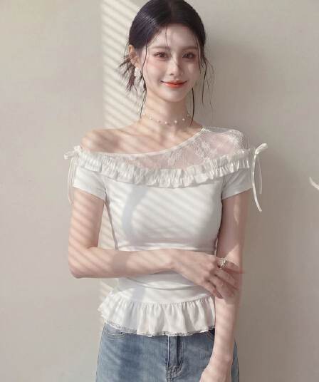 40 차가운 실크 코튼 원본 것 레이스 여름 디자인 패치워크 몸매 가꾸기 슬림해 보이는 순수한 욕망 새로운 핫걸 티셔츠