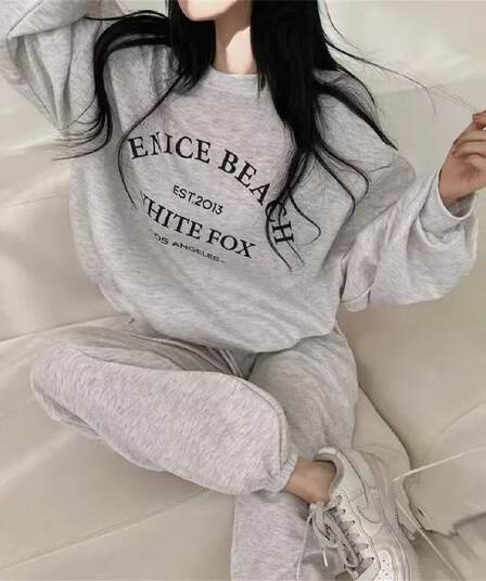 한국 운동 캐주얼 투피스 세트 웨이 바지 여성 봄 대 알파벳 프린트 느긋한 루즈핏 후드티 조거 바지 세트