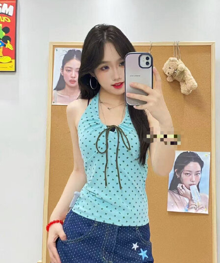 210 그램 40 순면 별 프린트 행침 목 V넥 캐미솔 스트랩 몸매 가꾸기 맨위