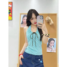 批发210克40支纯棉星星印花挂脖<b class='q'>V领</b>吊带背心女绑带修身上衣