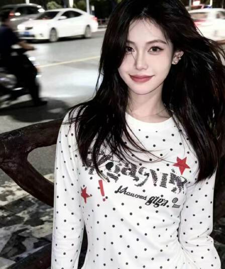 220 그램 40 빗질하다 92 면 8 암모니아 Lun 프린트 도트 무늬 몸매 가꾸기 긴팔 티셔츠 여성