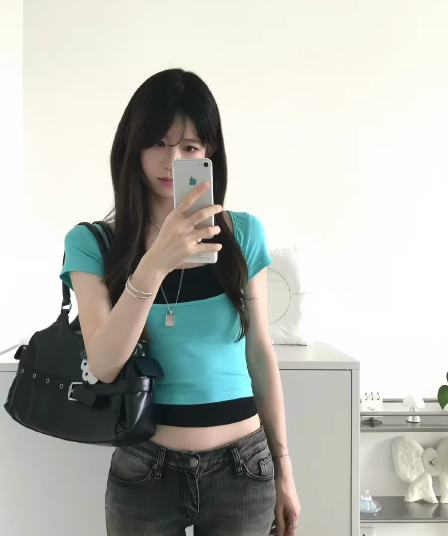 1 1 인 면 260 그램 투피스 세트 한 부서 핫걸 스택 착용 슬립 반팔 티셔츠 두 조각 여성 세트