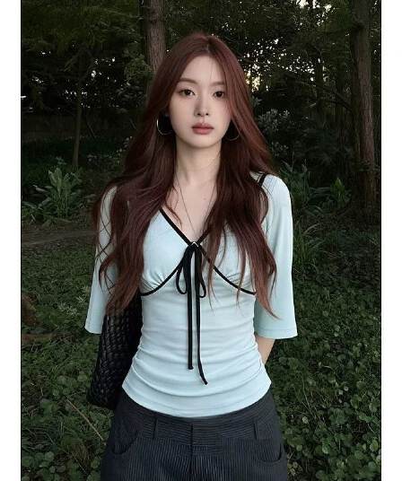 40 순면 순수한 욕망 반팔 티셔츠 여성 여름 착용 가져 가라. 나비 넥타이 V넥 맨위