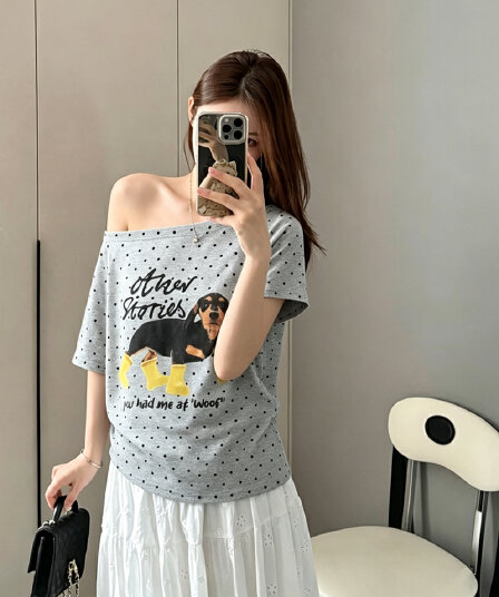 220 그램 40 1 1 순면 여름 새로운 한 부서 도트 무늬 비스듬한 칼라 오프숄더 프린트 섹션 반팔 티셔츠 여성