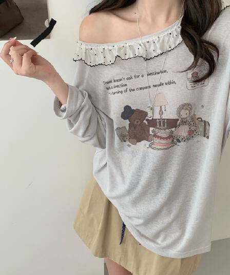 한 부서 레이스 칼라 화이트 비스듬한 어깨 긴팔 티셔츠 여성 가을 작은 곰 프린트 얇은 마이크로 ~을 통해 의류 여성