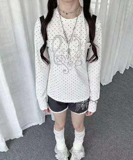 220 그램 40 빗질하다 92 면 이후 패키지 칼라 프린트 도트 무늬 긴팔 티셔츠 여성 몸매 가꾸기 라운드 넥 맨위