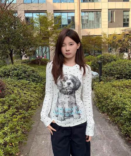 220 그램 40 빗질하다 92 면 이후 패키지 칼라 프린트 도트 무늬 긴팔 티셔츠 여성 몸매 가꾸기 라운드 넥 맨위