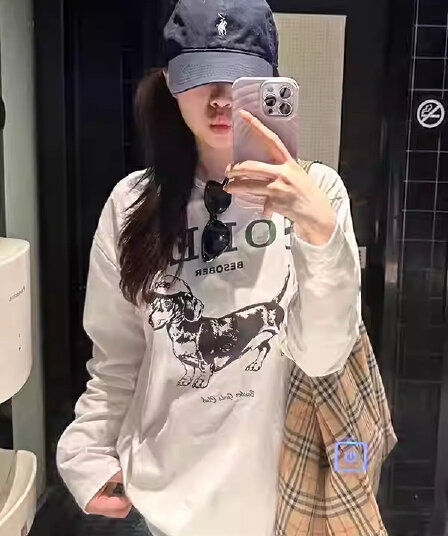 한국 스타일 순면 가을 의상 긴팔 티셔츠 여성 루즈핏 맨위 프린트