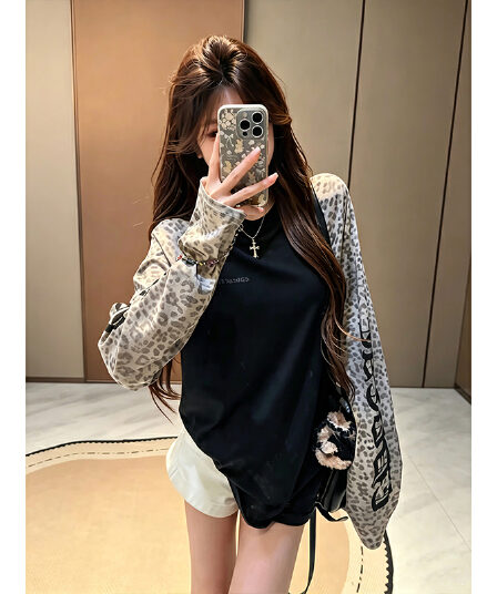 눈꽃 면 아메리칸 산스크리트어 알파벳 레오파드 무늬 긴팔 티셔츠 여성 루즈핏 경량 블라우스 캐주얼 느긋한 맨위