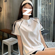 批发220g纯棉螺纹领口 +后包边+三条杠 刺绣字母LOGO短袖T恤女
