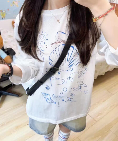 높은 품질 순면 200그램 21 빗질하다 정밀 프린트 가을 루즈핏 긴팔 티셔츠 여성