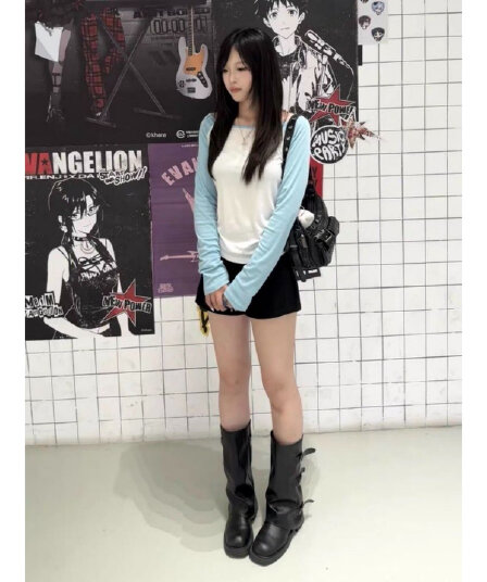 광저우 눈꽃 면 165 그램 달콤한 매운맛 바람 배색 패치워크 오프숄더 긴팔 티셔츠 새로운