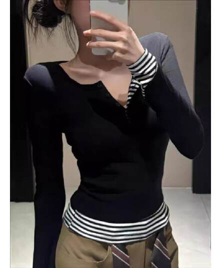 사람들 면 260 그램 원본 품질 디자인 센스 핫걸 스트라이프 패치워크 티셔츠 여성 의류 가을 패치워크 반 개방 칼라