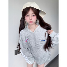 批发薄款 压线+后包领纯棉华棉复合<b class='q'>卫衣</b>长袖连帽<b class='q'>外套</b>女