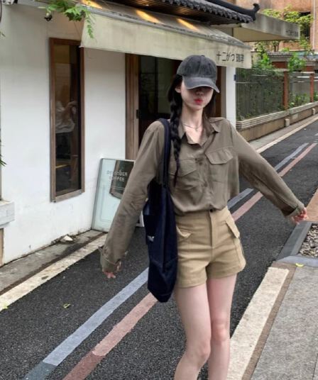 레트로 느긋한 바람 긴팔 POLO 칼라 여성 셔츠 봄 가을 루즈핏 슬림해 보이는 오픈 가디건 셔츠 군용 녹색 다용도 맨위
