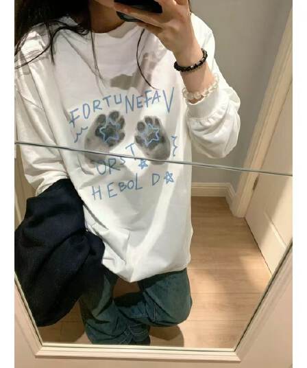 원본 것 순면 200그램 21 음식 털 느낌 프린트 루즈핏 손 소매 뭉치 구두 긴팔 티셔츠 여성