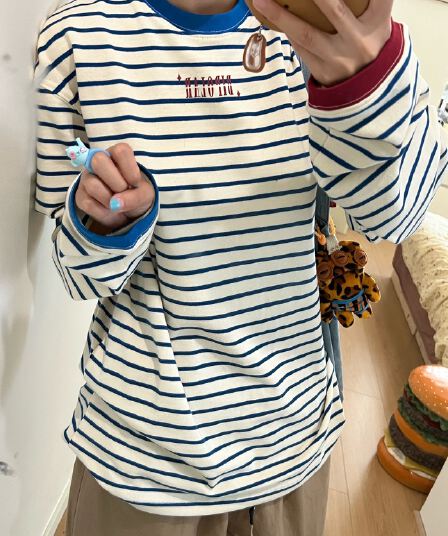 광저우 원본 원단 한국 스타일 새로운 다용도 디자인 새로운 스트라이프 긴팔 티셔츠 여성