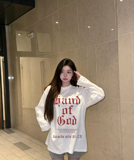 높은 품질 순면 200그램 21 빗질하다 정밀 프린트 가을 루즈핏 긴팔 티셔츠 여성