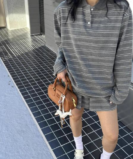원본 순면 컬러 짜임 기사 높은 품질 스포츠 슈트 세트 여성 루즈핏 스트라이프 POLO 칼라 후드티 반바지 두 조각