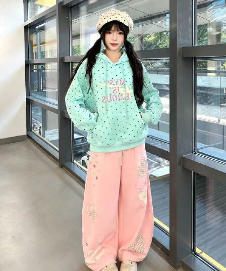 320 그램 순수한 Mianhua 면 복합 헝겊 느낌 프린트 천 도트 무늬 후드티 여성