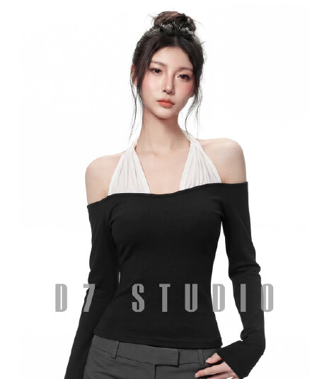 패치워크 디자인 센스 행침 목 백리스 오프숄더 긴팔 티셔츠 여성 한 부서 착용 가져 가라. 새로운 맨위