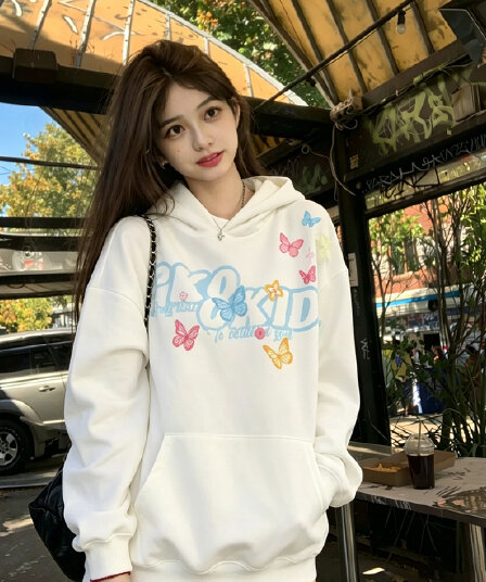 순수한 Mianhua 면 복합 우유 실크 아메리칸 조수 브랜드 3 차원 나비 부형제 루즈핏 후드 티 스웨터 여성 ins
