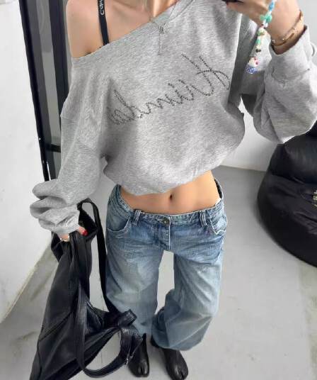 핫픽스 원본 것 아메리칸 핫걸 회색 비스듬한 어깨 후드티 여성 봄 가을 긴팔 오프숄더 맨위