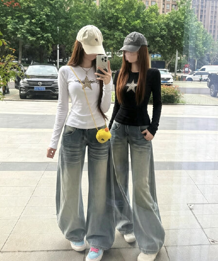 아메리칸 레트로 순면 몸매 가꾸기 허리 수축 프린트 라운드 넥 만나는 긴팔 티셔츠 여성