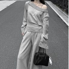 批发韩系休闲<b class='q'>运动</b>卫衣套装女秋季新款格纹拼接斜肩上衣+阔腿长裤