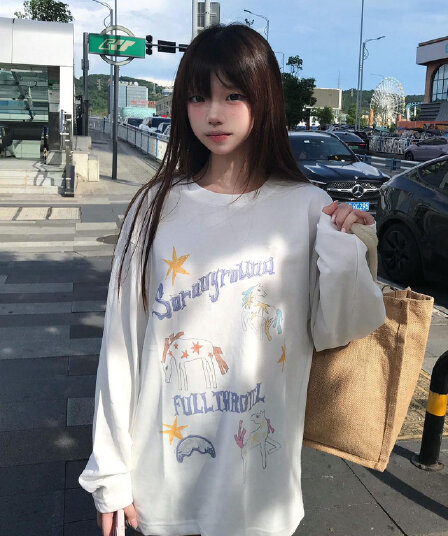 높은 품질 순면 200그램 21 빗질하다 정밀 프린트 가을 루즈핏 긴팔 티셔츠 여성