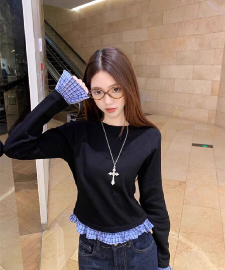 모달 260 그램 1 1 원본 체크무늬 프랑스식 긴팔 체크무늬 패치워크 몸매 가꾸기 맨위