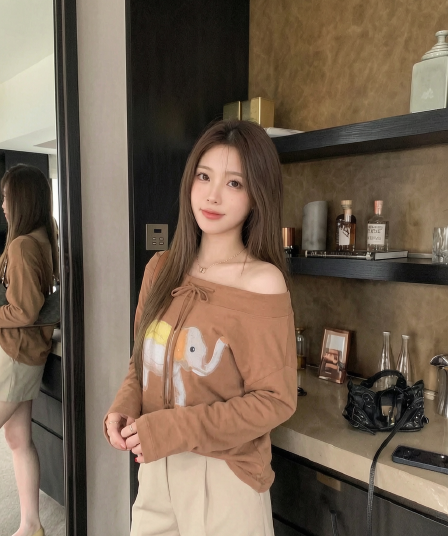 라이 경기 서울 작은 대중 오프숄더 프린트 스트랩 오프숄더 긴팔 티셔츠 여성 루즈핏 맨위 여성 조기 가을 기본 셔츠
