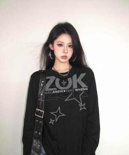 아메리칸 레트로 순면 200그램 21 빗질하다 정밀 프린트 가을 루즈핏 긴팔 티셔츠 여성