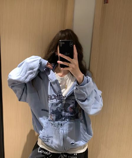 얇은 스타일 순수한 Mianhua 면 복합 프린트 펀칭 후드티 여성 셔츠