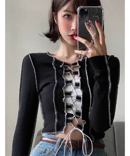 원본 품질 긍정적 인 어깨 티셔츠 여성 아메리칸 레트로 디자인 센스 스트랩 긴팔 맨위