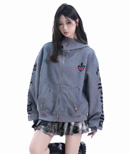 느긋한 바람 루즈핏 재킷 작은 대중 아메리칸 레트로 출퇴근 회색 루즈핏 새로운 후드 오픈 가디건 후드티 여성 가을