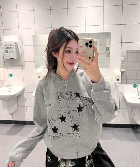 아메리칸 후아 남편 그리드 새끼 고양이 귀 후드 티 스웨터 여성 코트 가을 루즈핏 느긋한 바람 오픈 가디건 맨위