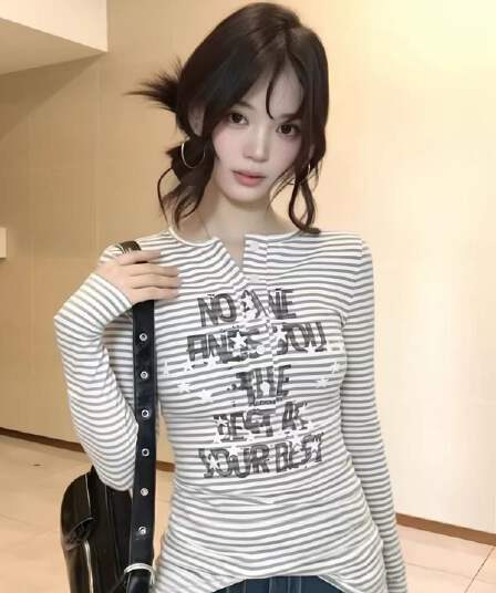 240 그램 면 리브 아메리칸 스트라이프 프린트 긴팔 티셔츠 여성 몸매 가꾸기 기본 셔츠 위아래로 둘 착용