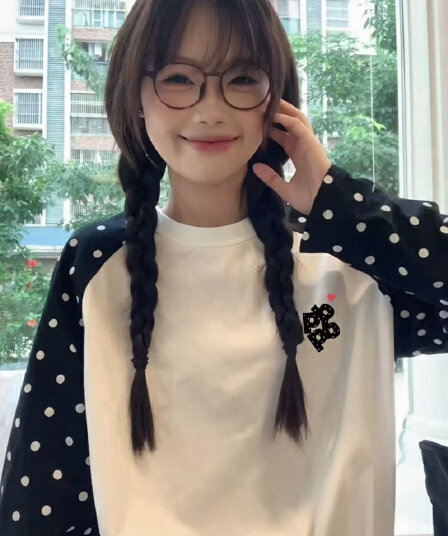 한 부서 순면 도트 무늬 삽입 어깨 긴팔 티셔츠 여성 가을 겨울 새로운 루즈핏 출퇴근 맨위